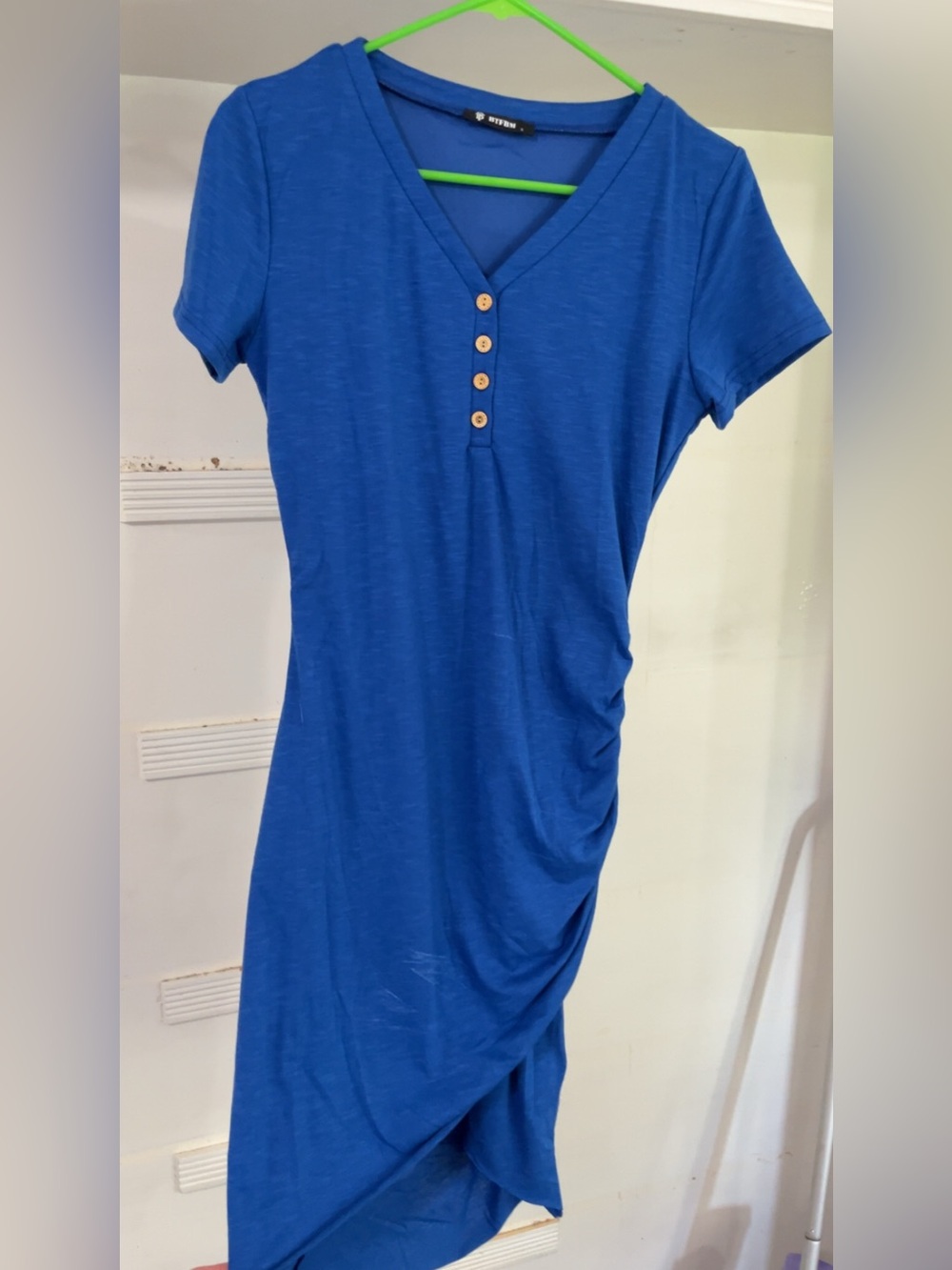 Blue V-Neck Button Ruched Midi Dress
